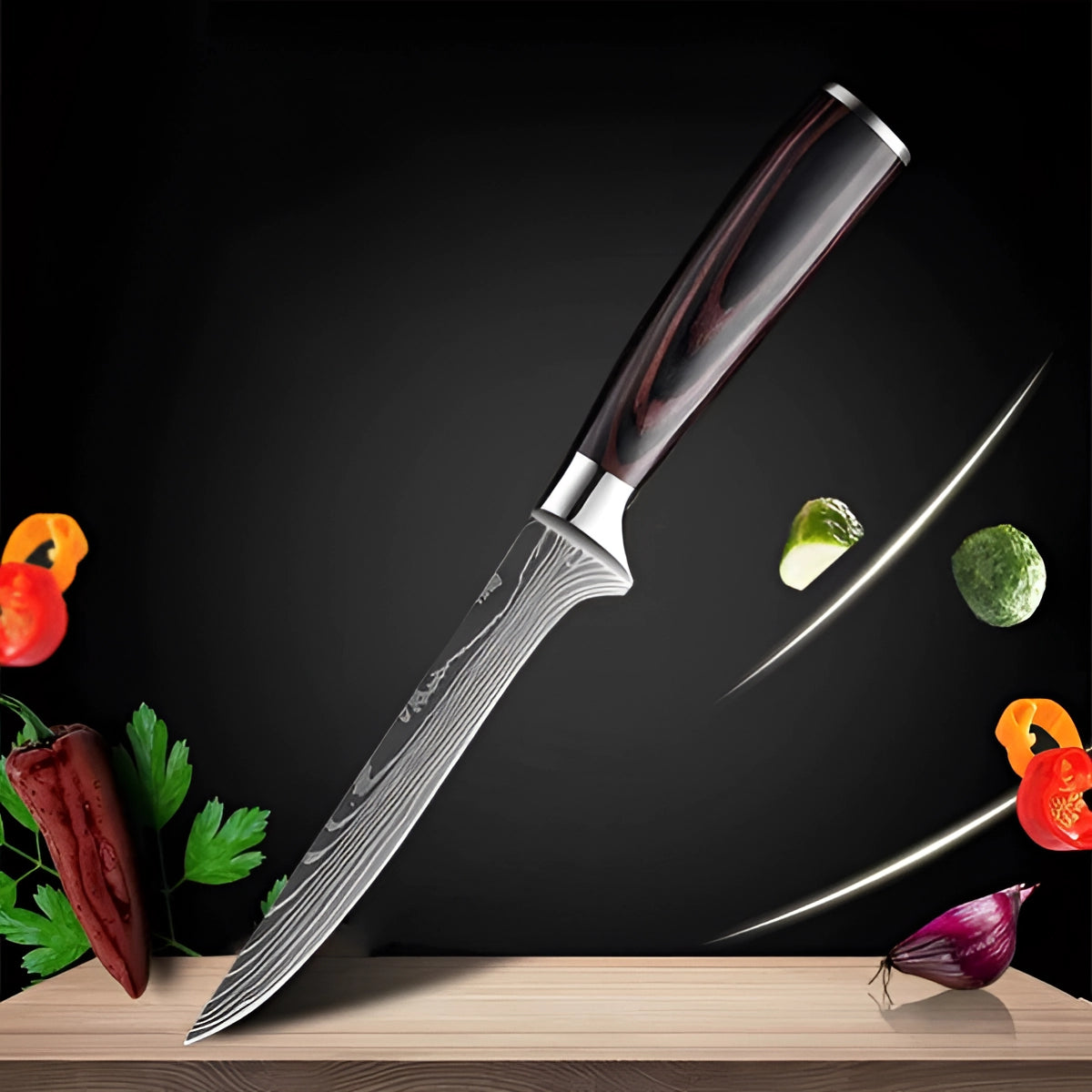 Damascus-Pattern Kitchen Knives with Wood Handle