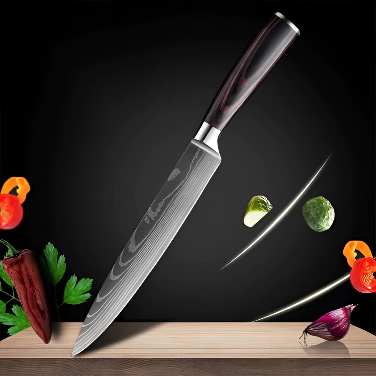 Damascus-Pattern Kitchen Knives with Wood Handle