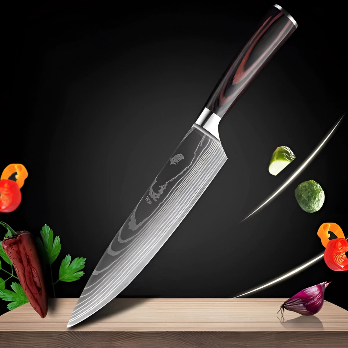 Damascus-Pattern Kitchen Knives with Wood Handle