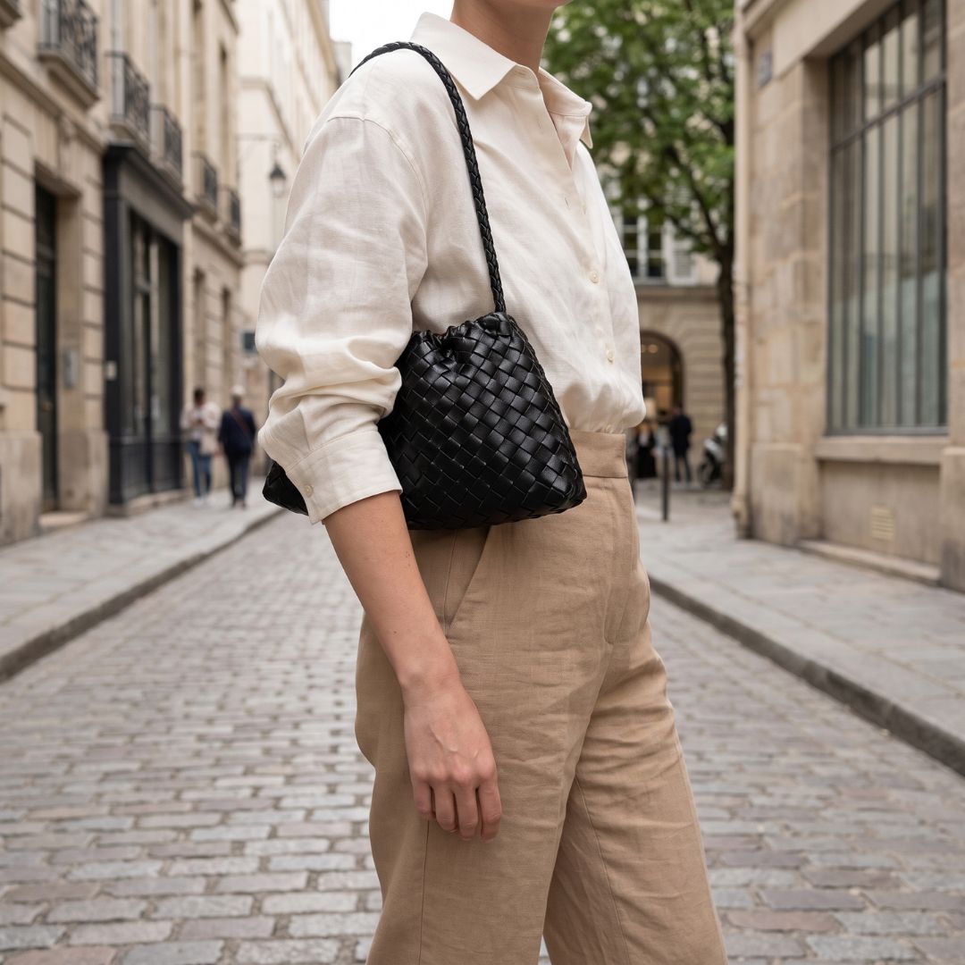 Woven Drawstring Shoulder Bag with Braided Strap