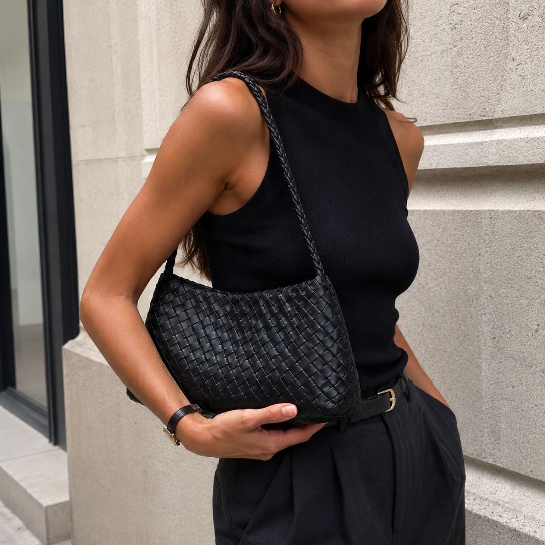 Woven Drawstring Shoulder Bag with Braided Strap