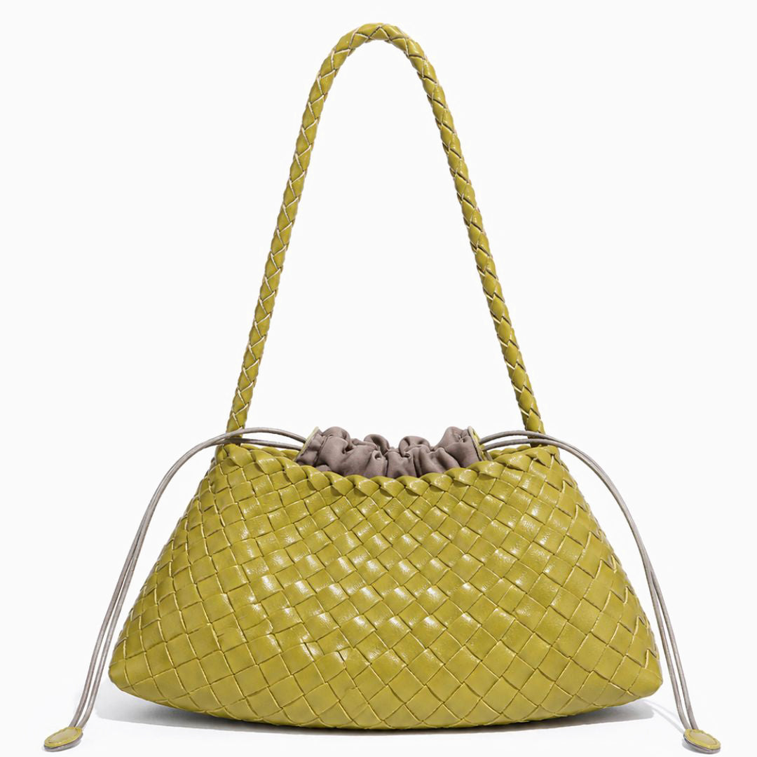 Woven Drawstring Shoulder Bag with Braided Strap
