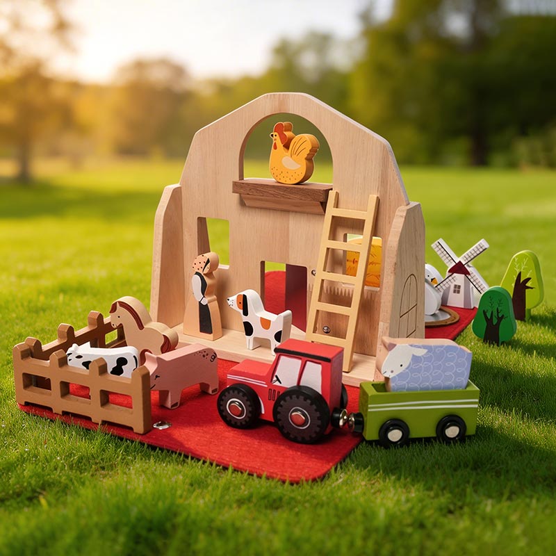 Ferme de voyage en bois et feutre, 16 figurines