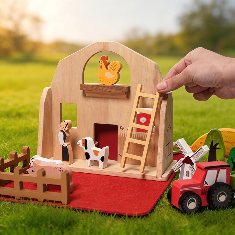 Ferme de voyage en bois et feutre, 16 figurines