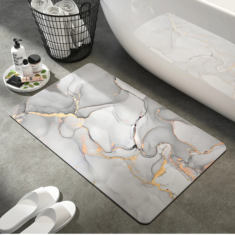 Marble-Effect Velvet Bath Mat, 50 x 80 cm