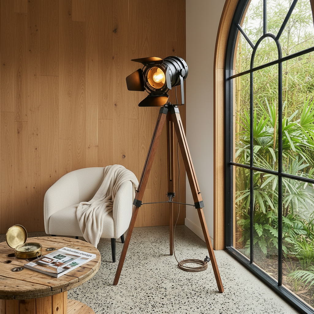 Walnut Tripod Floor Lamp - Adjustable Matte Black Spotlight 1