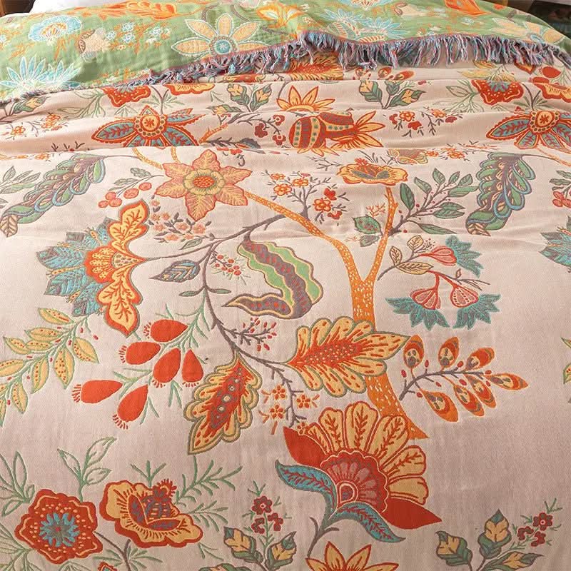 Reversible Cotton Jacquard Throw, Boho Floral Pattern