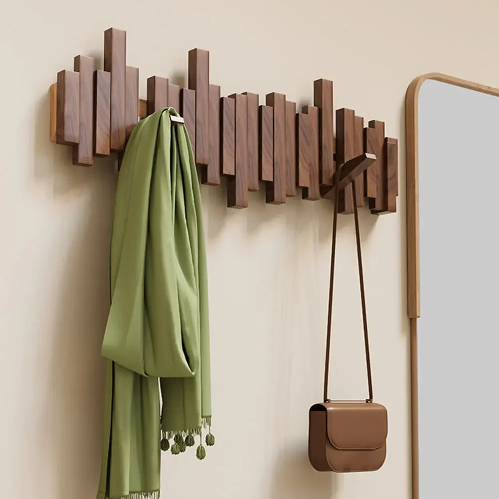 Wooden Wall Coat Rack - Magnetic Foldable Hooks 2