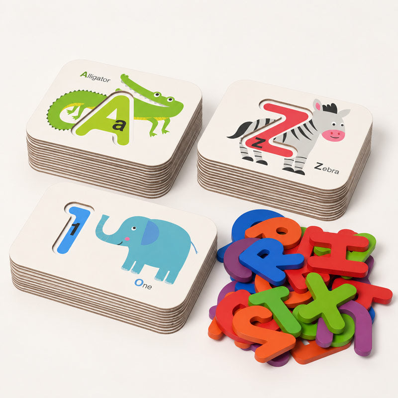 Cartes alphabet et chiffres avec lettres en bois