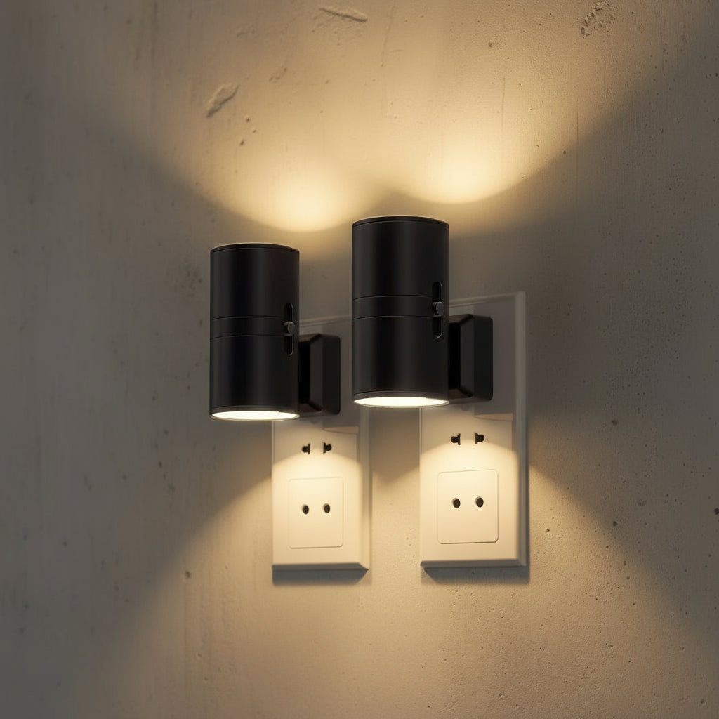 Détail de deux luminaires Clair noirs branchés directement sur une prise murale double.