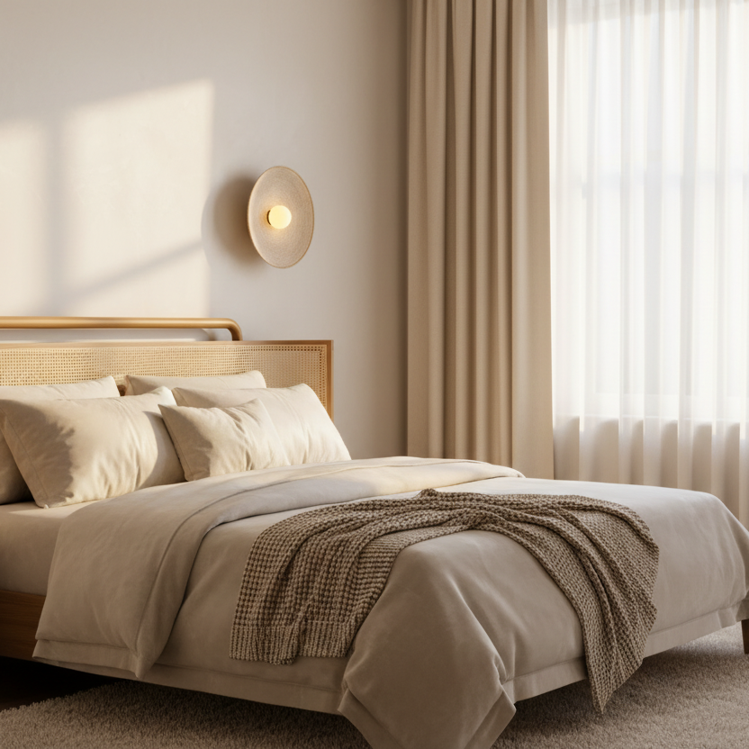 Luminaire mural Disque Serein utilisé comme lampe de chevet dans une chambre à coucher à l'esthétique zen.