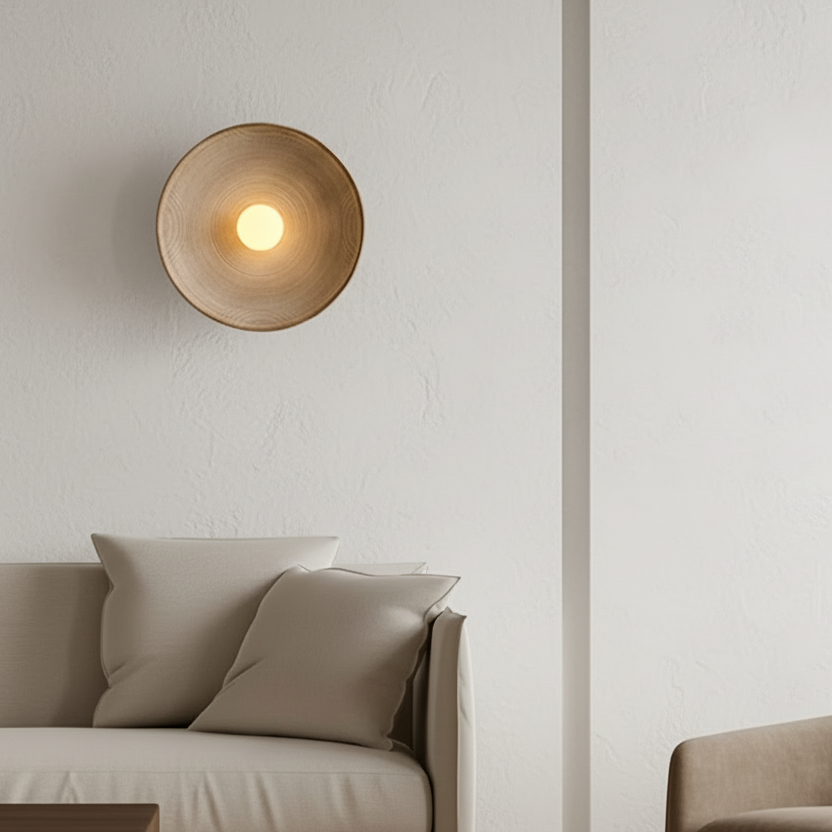 Applique murale ronde Disque Serein installée dans un salon minimaliste, offrant un éclairage d'ambiance doux.