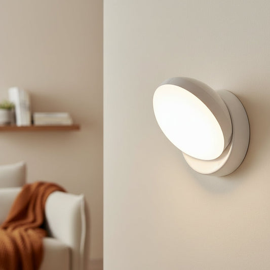 Applique murale LED sans fil Eveil blanche installée dans un salon moderne, offrant une lumière douce et tamisée.