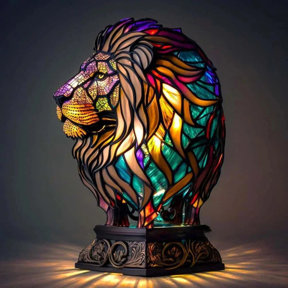 Lampe de table animalière style vitrail - Lion
