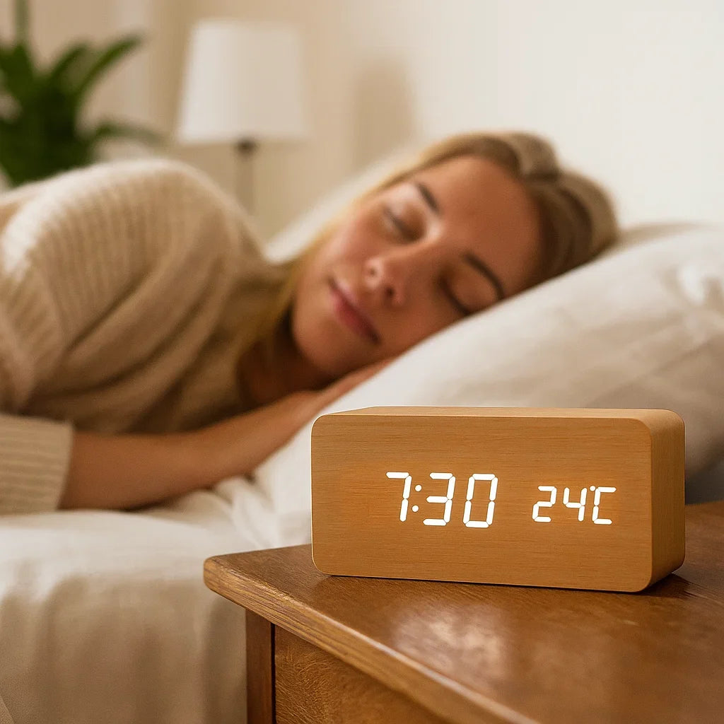 Horloge LED finition bois à activation sonore