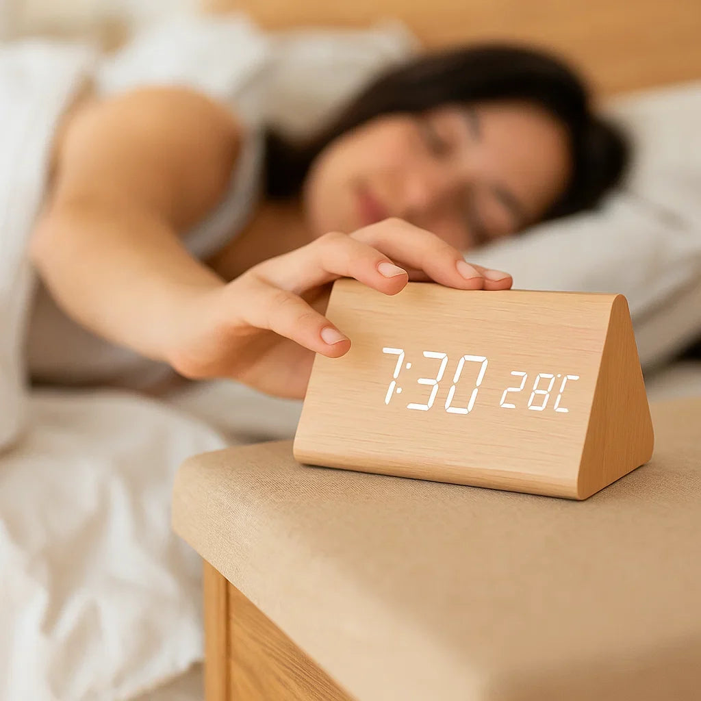 Horloge LED finition bois à activation sonore