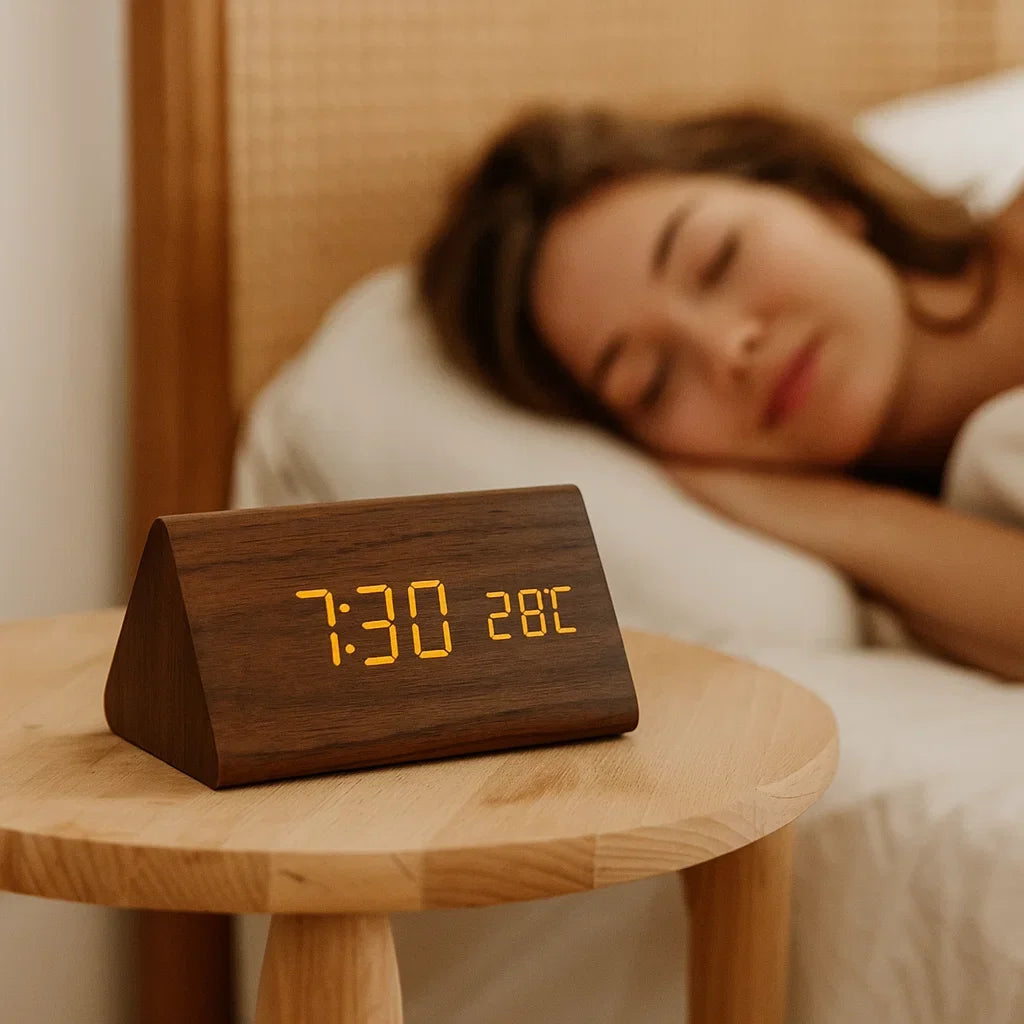 Horloge LED finition bois à activation sonore