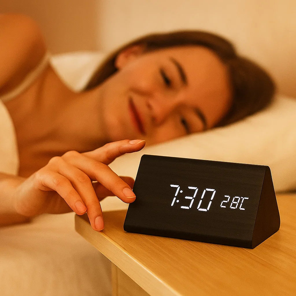 Horloge LED finition bois à activation sonore