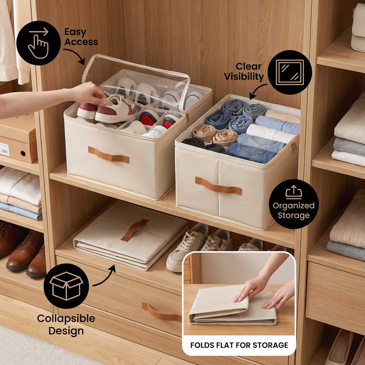 Collapsible Shoe Storage Box with Clear Window