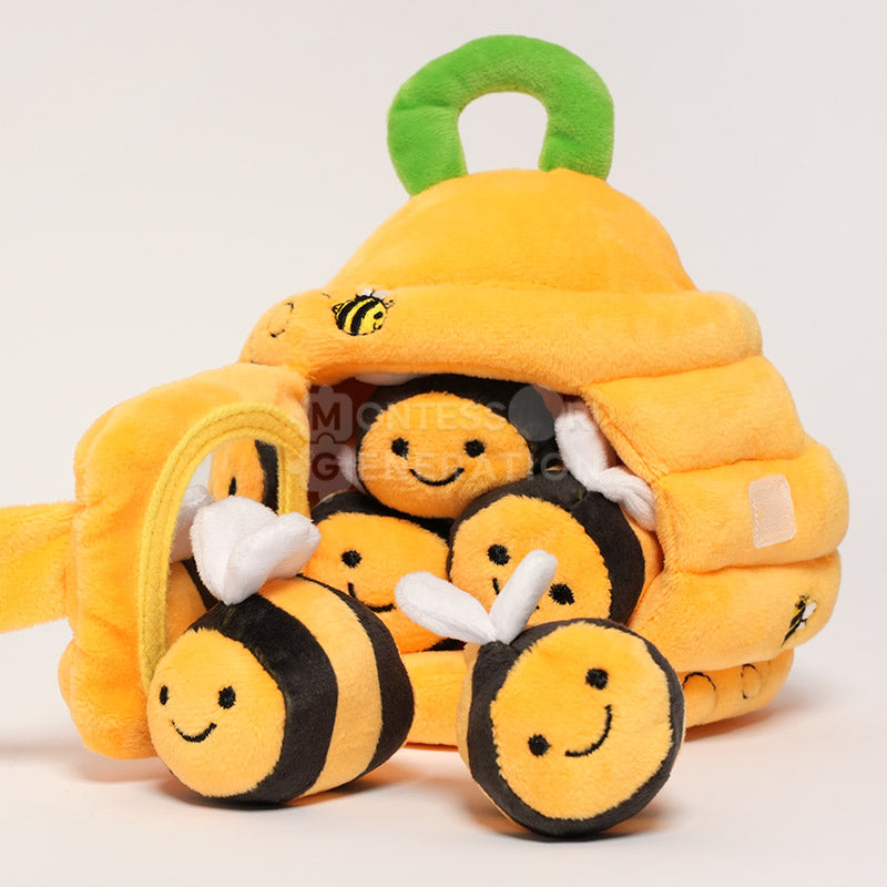 Ruche d'éveil en peluche avec 5 abeilles