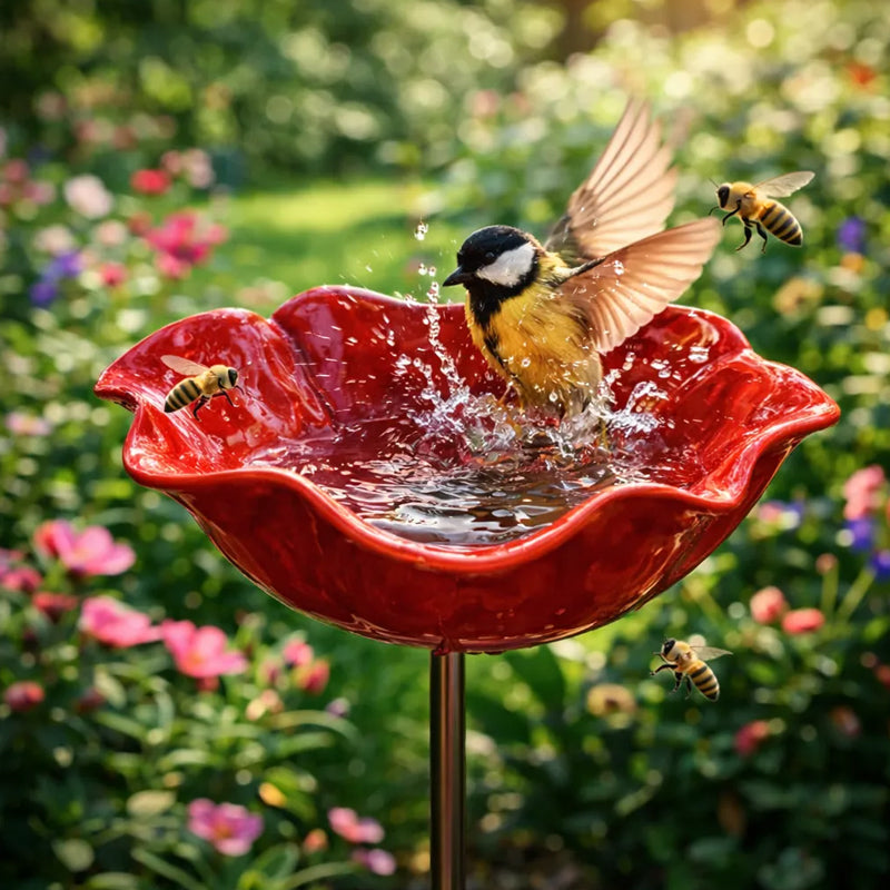 Metal Poppy Flower Bird Bath Stake, 60 cm