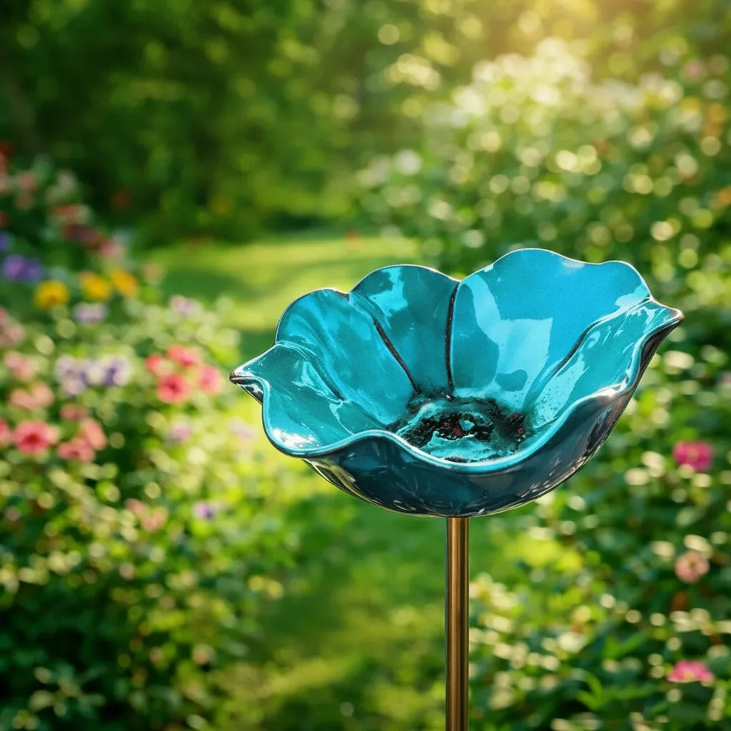 Metal Poppy Flower Bird Bath Stake, 60 cm