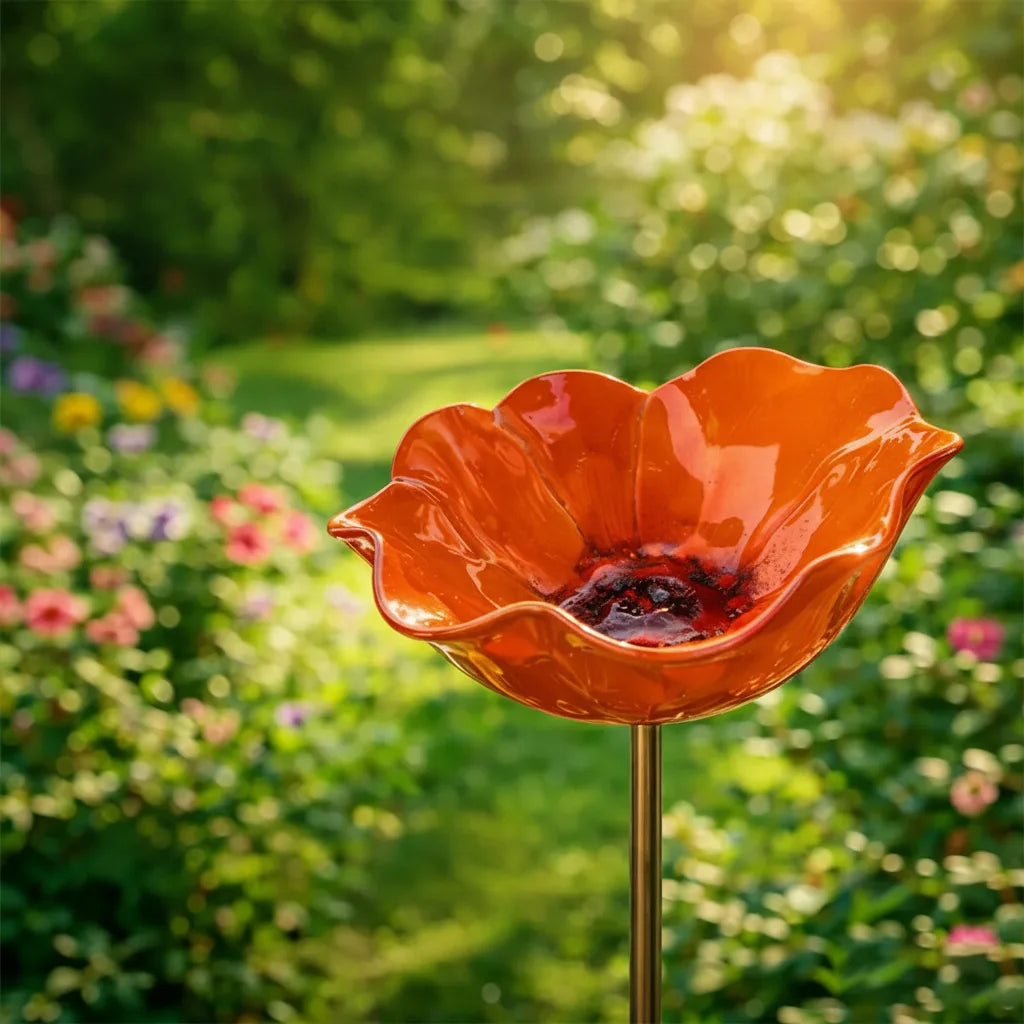 Metal Poppy Flower Bird Bath Stake, 60 cm