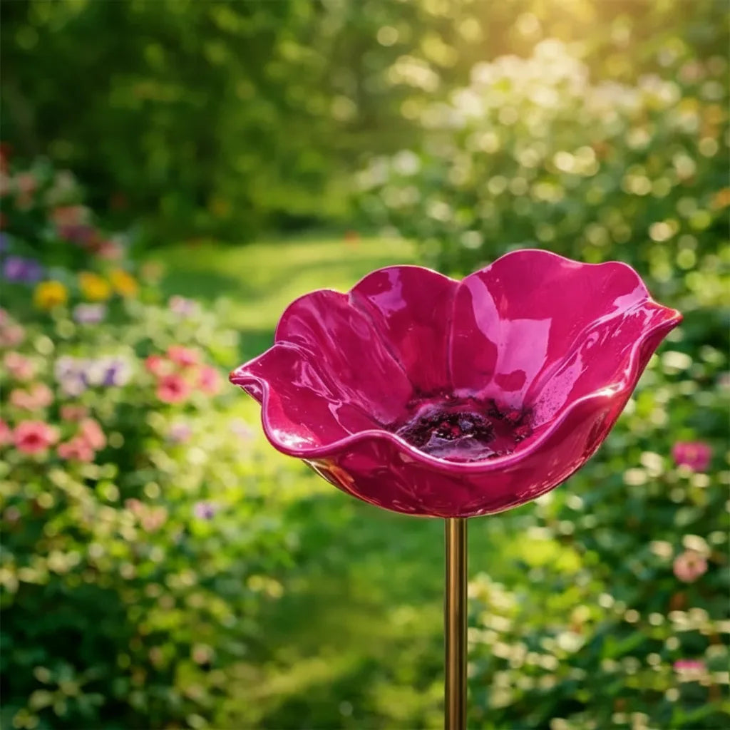 Metal Poppy Flower Bird Bath Stake, 60 cm
