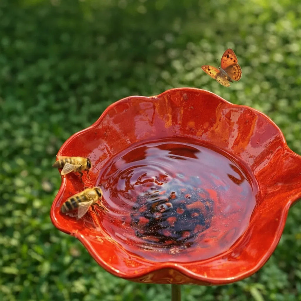 Metal Poppy Flower Bird Bath Stake, 60 cm