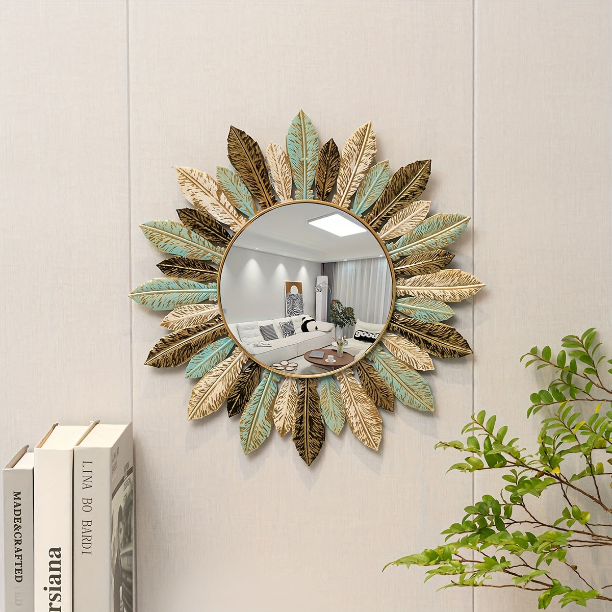 Teal and Gold Leaf Sunburst Wall Mirror in Metal