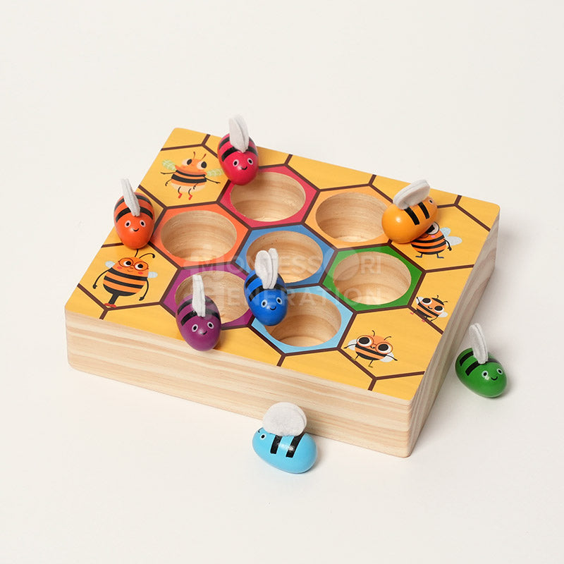 Jeu des abeilles en bois avec pince, tri des couleurs