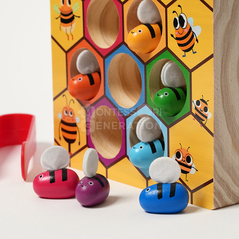Jeu des abeilles en bois avec pince, tri des couleurs