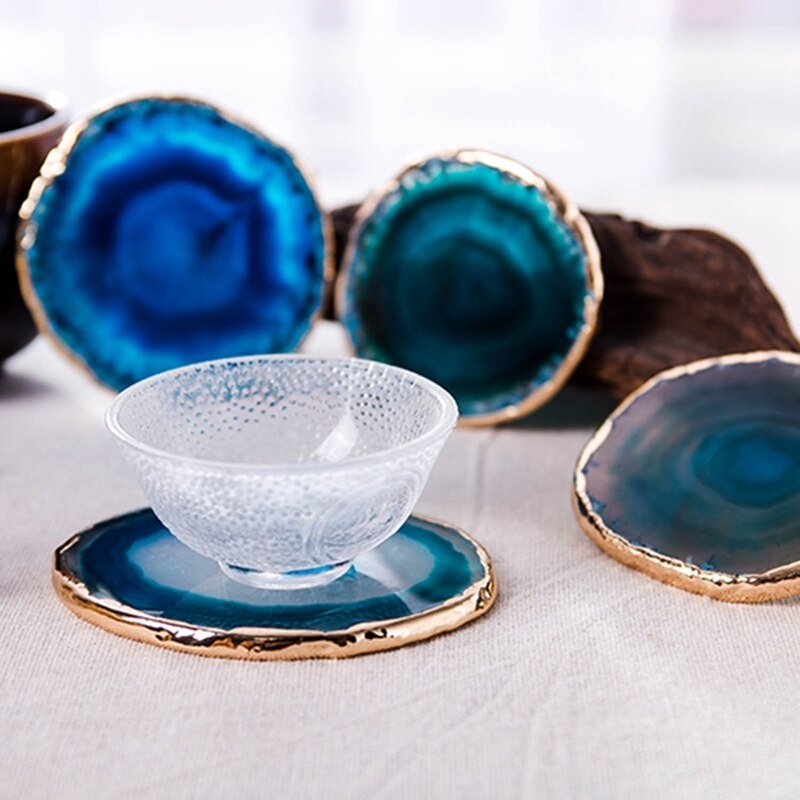Blue Agate Coasters with Gold Edges