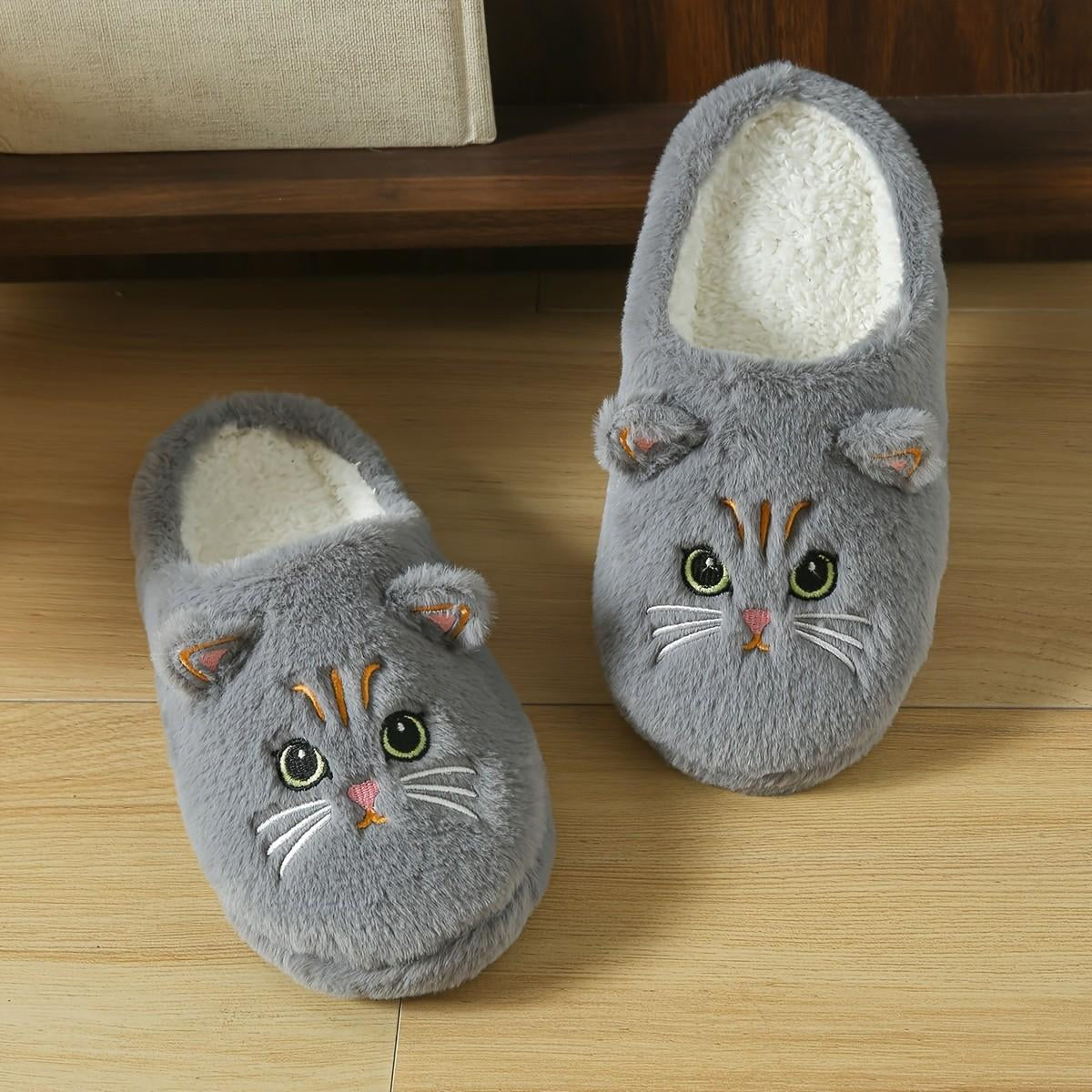 Women's Plush Cat Slippers, Thick Sole
