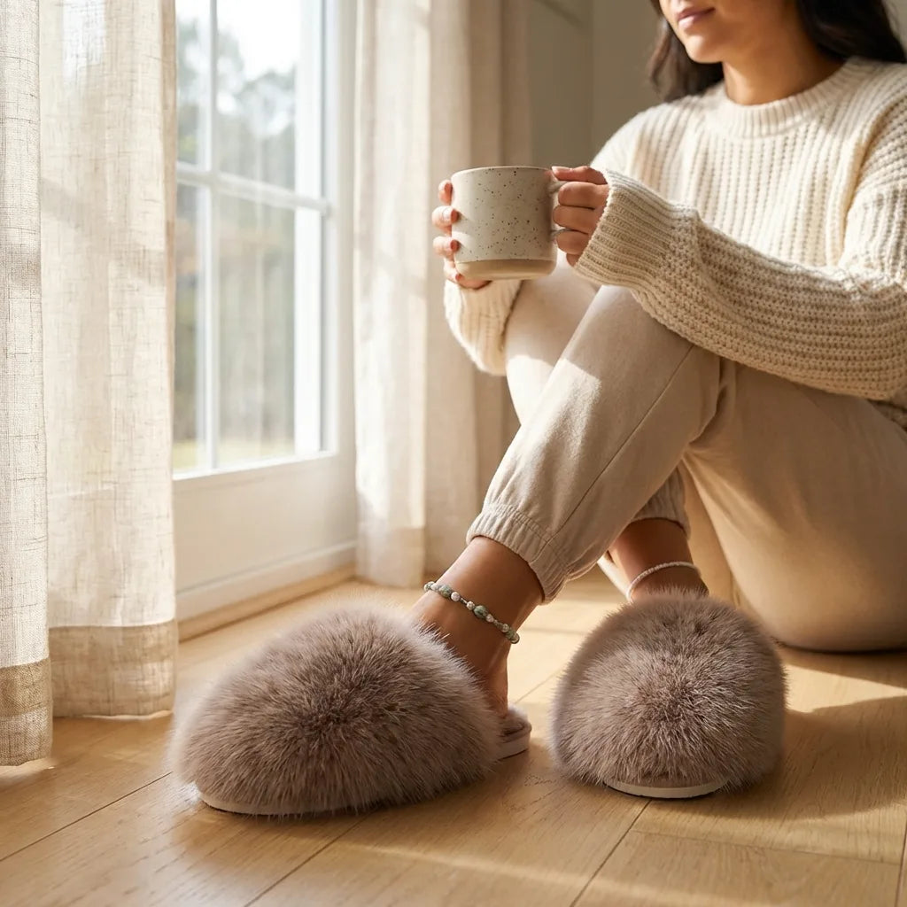 Faux Fur House Slippers with Non-Slip Sole