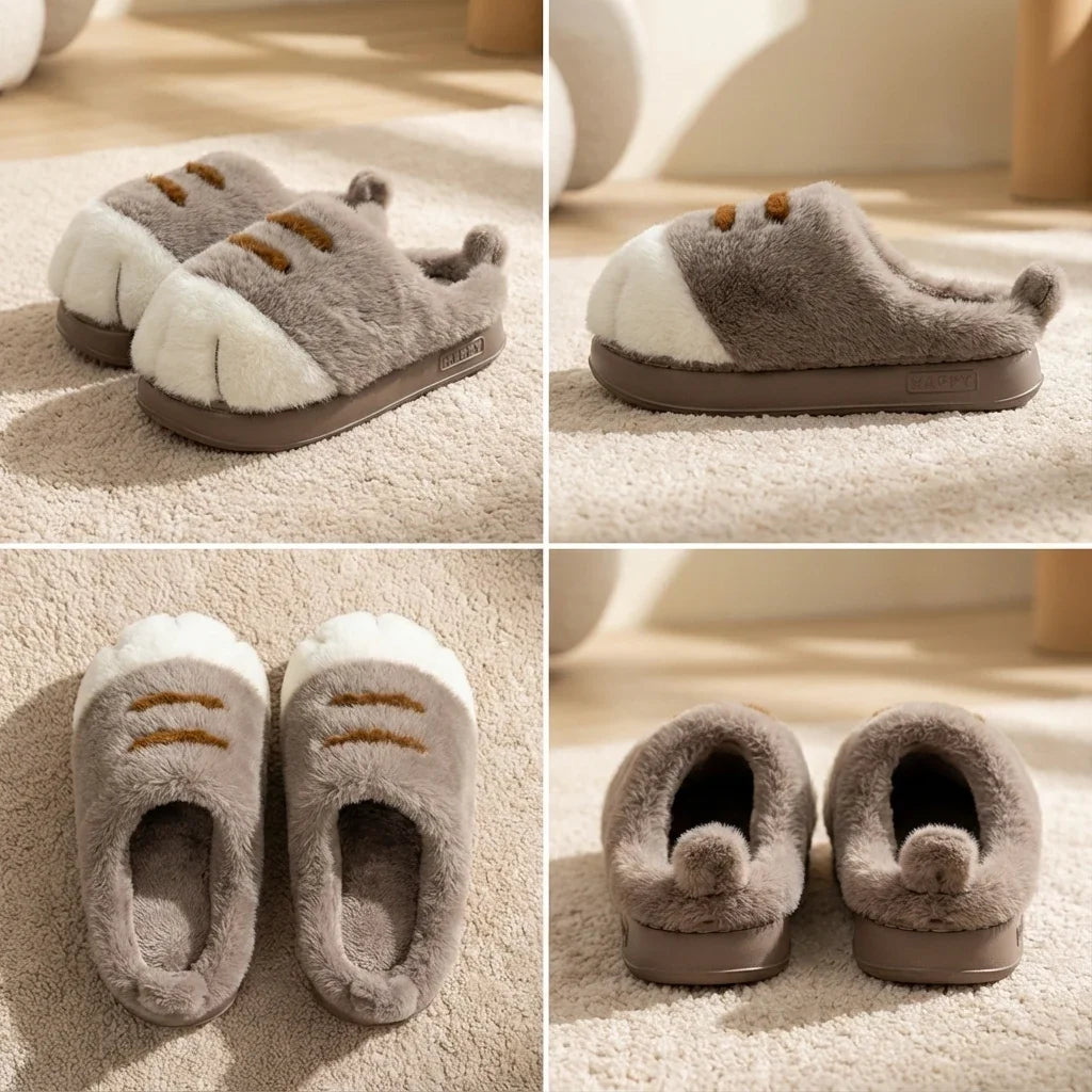 Plush Cat Paw Slippers with Cushioned Sole
