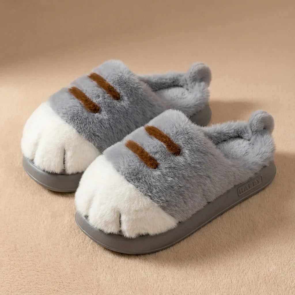 Plush Cat Paw Slippers with Cushioned Sole