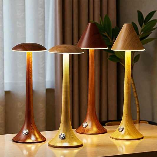 Présentation des quatre différentes finitions de bois naturel de la collection de lampes Sharina.