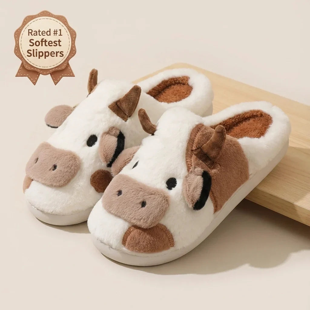 Plush Cow Slippers with 3D Horns and Ears
