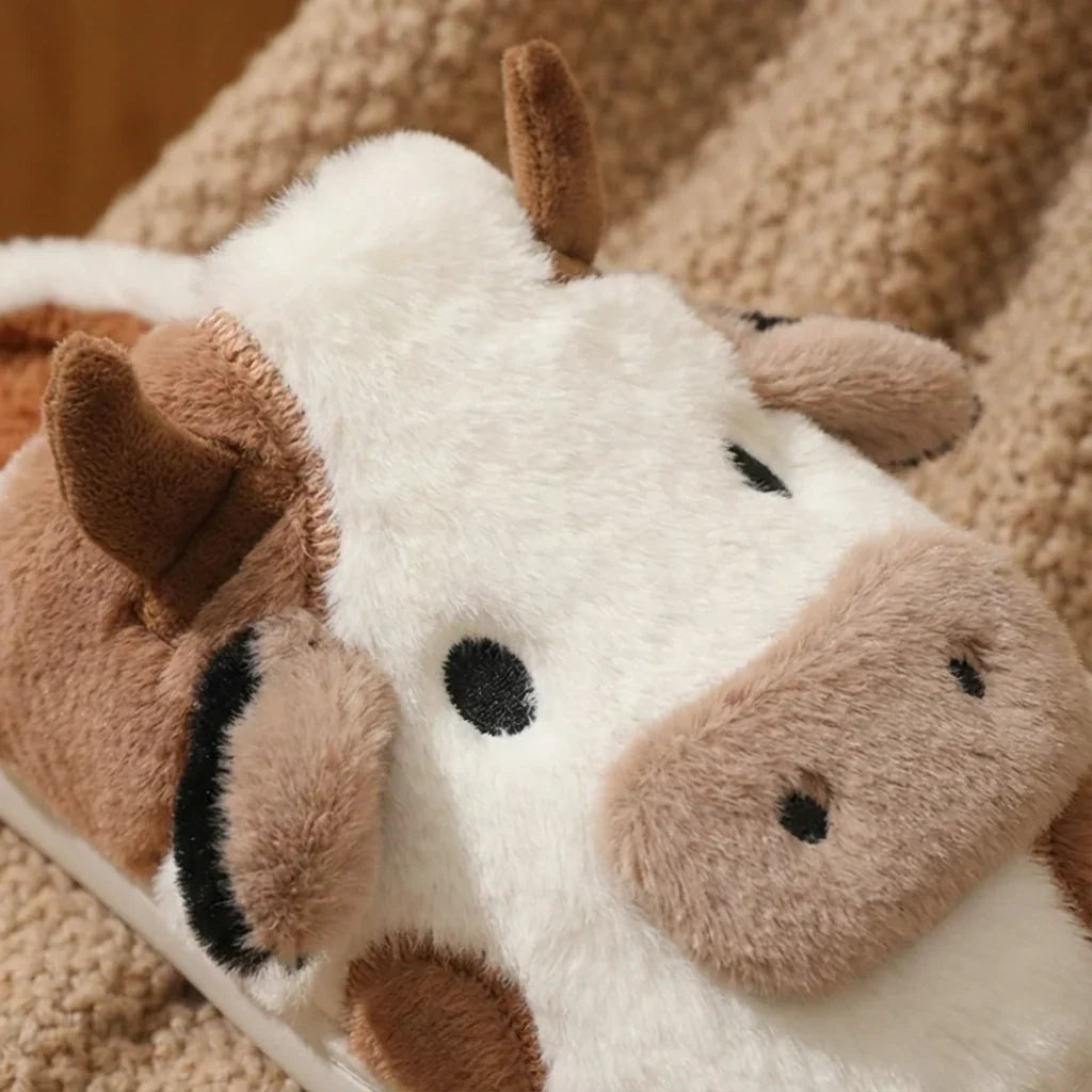 Plush Cow Slippers with 3D Horns and Ears