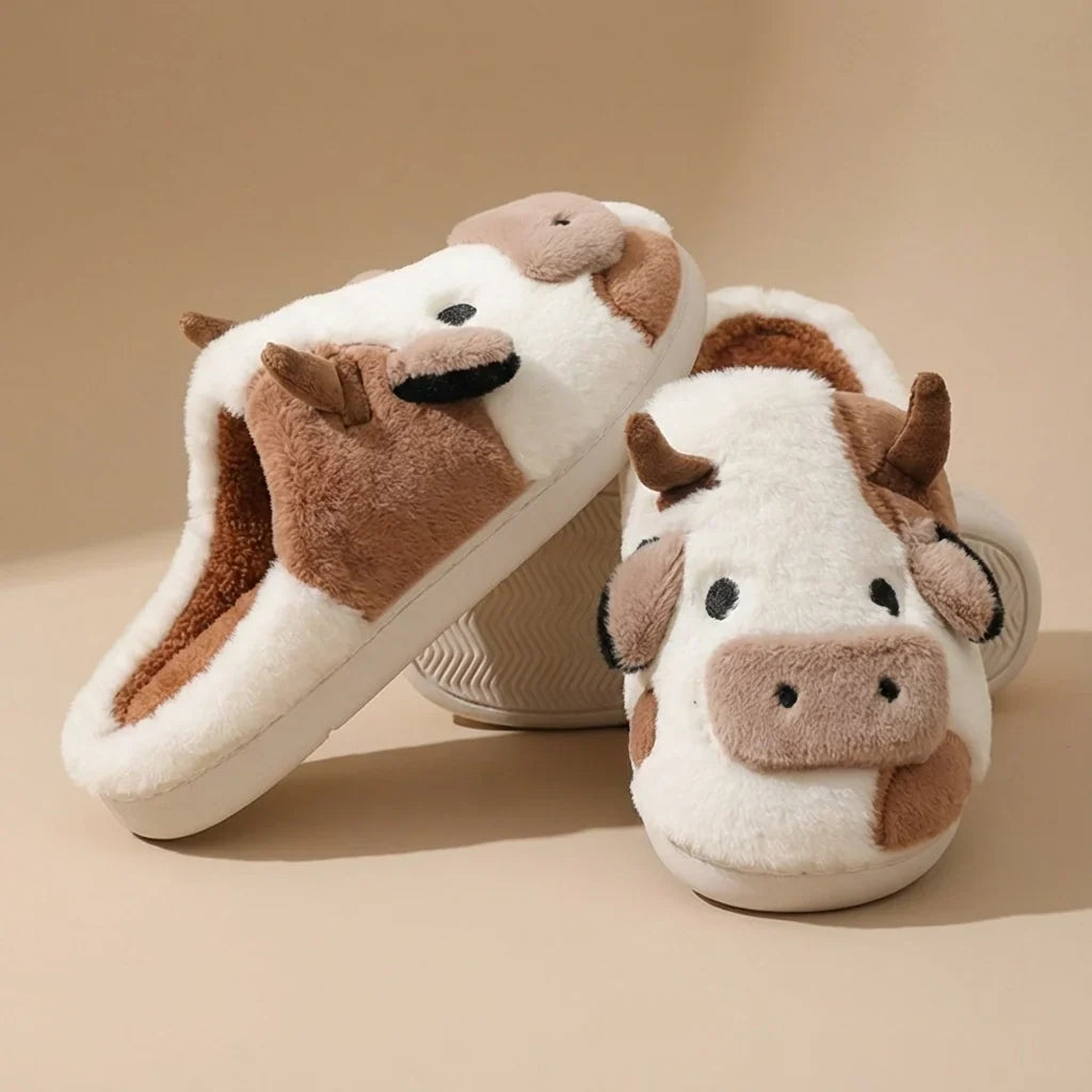 Plush Cow Slippers with 3D Horns and Ears