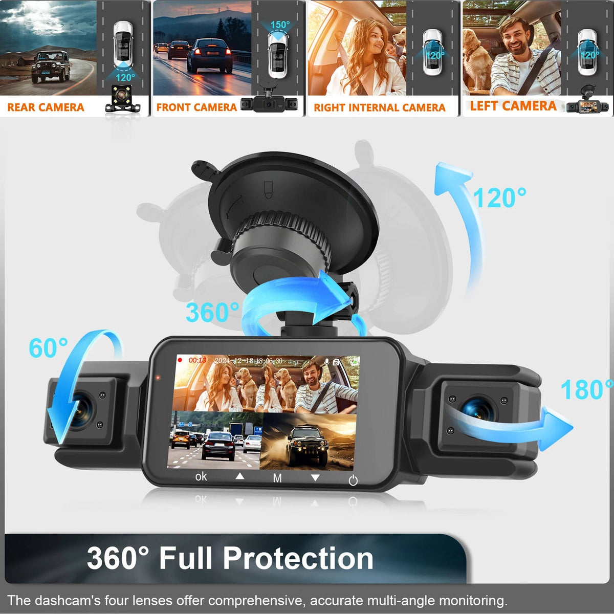 Dashcam Wi-Fi 4 caméras avant et arrière, vision nocturne