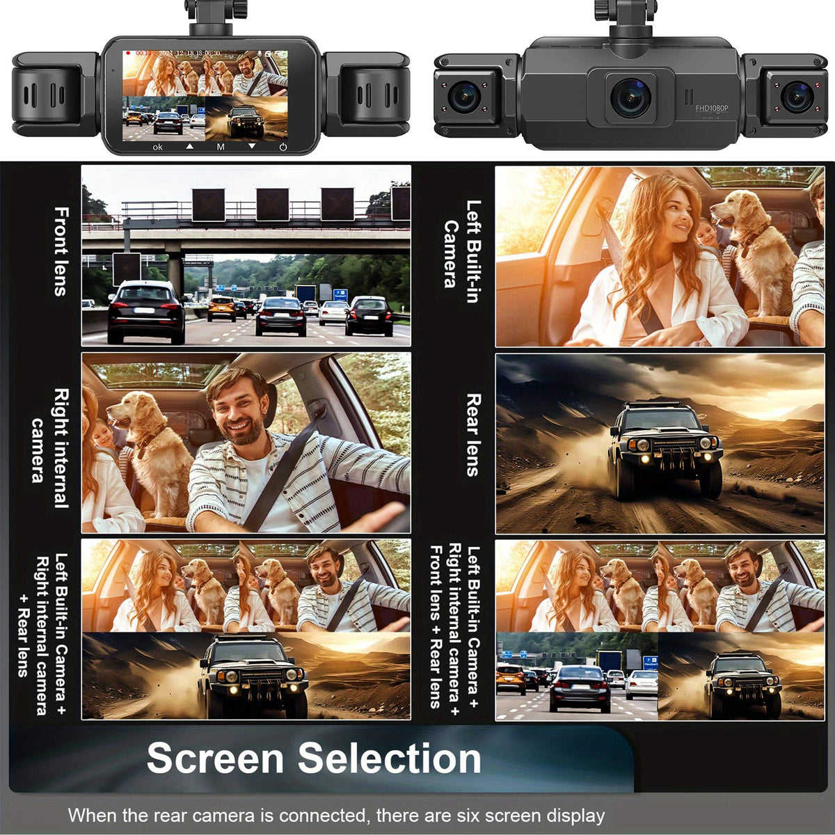 Dashcam Wi-Fi 4 caméras avant et arrière, vision nocturne