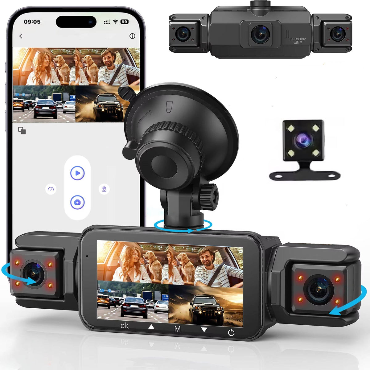 Dashcam Wi-Fi 4 caméras avant et arrière, vision nocturne