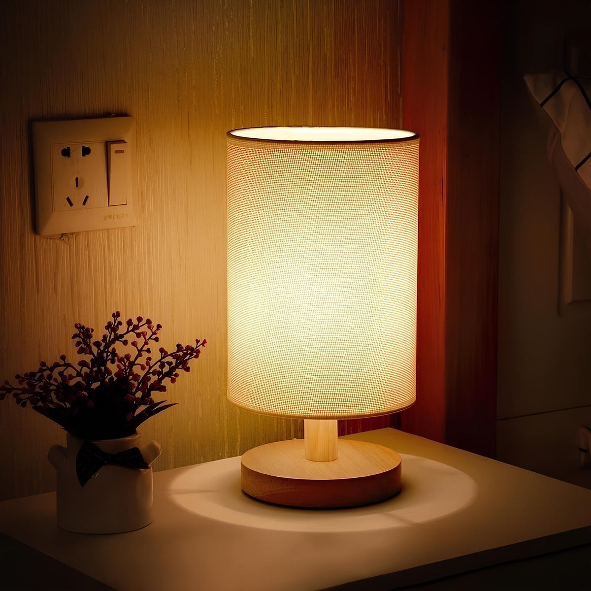 Wood and Fabric Table Lamp with Remote Control