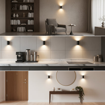 Plusieurs lampes murales Clair disposées dans une cuisine et un couloir pour un éclairage d'appoint.