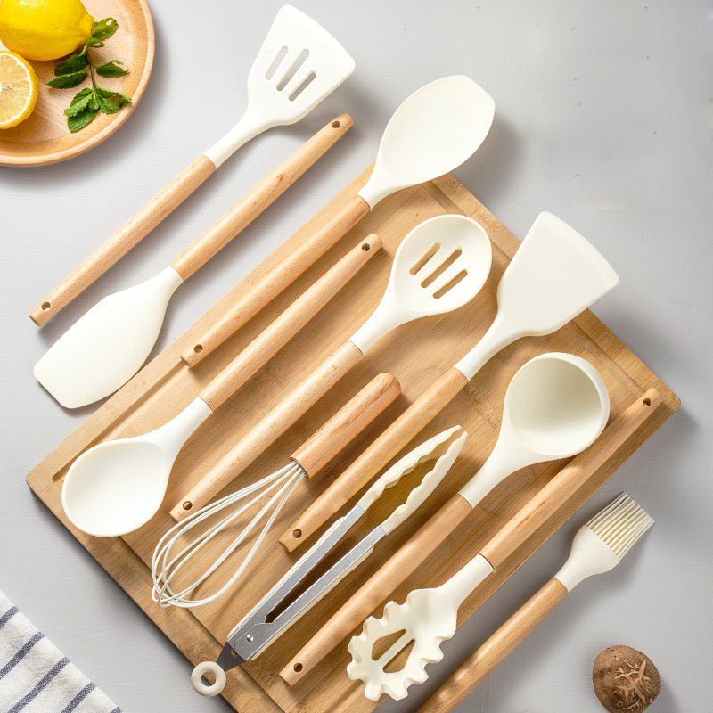Set de 12 ustensiles en silicone, manches en bois