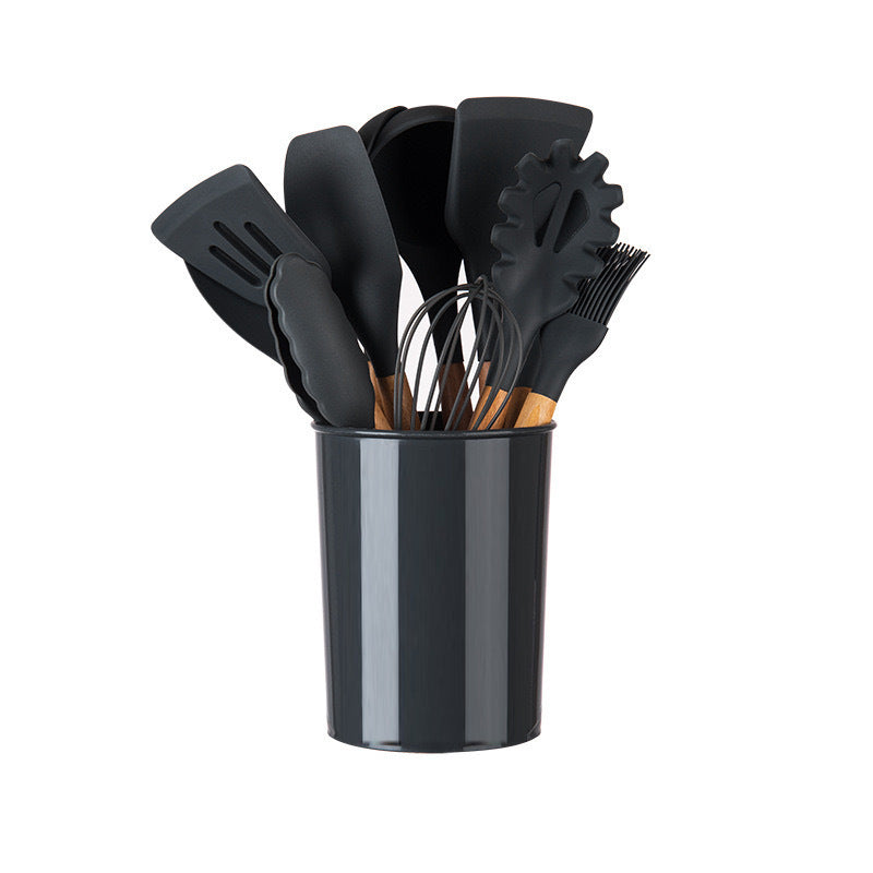 Set de 12 ustensiles en silicone, manches en bois