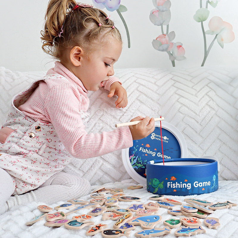 Jeu de pêche magnétique en bois, 51 poissons