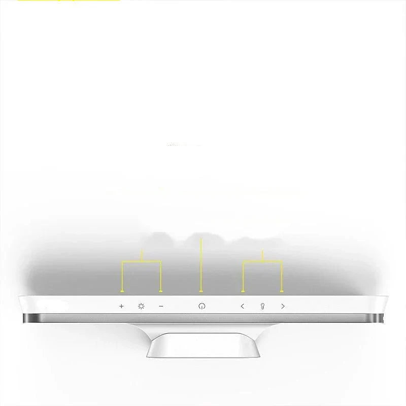 Schéma technique illustrant les commandes tactiles et la diffusion de lumière uniforme de la lampe Intuitive.